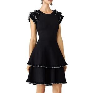 Parker April Knit Ruffle Dress Tiered Flutter Sleeve Fit and Flare Dress Black